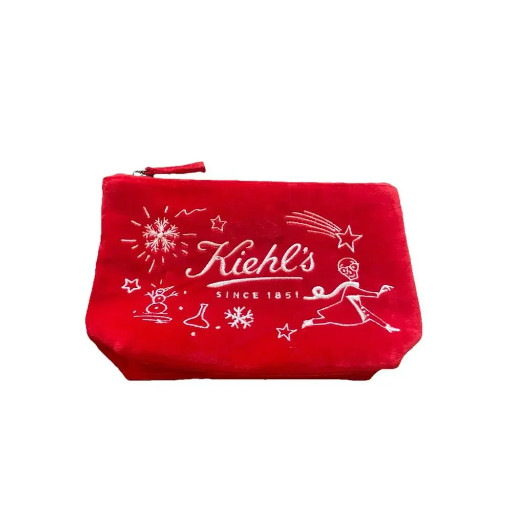 Kiehl's Red Soft Velvet Makeup Bag Cosmetic‎ Pouch Holiday White Embroidery